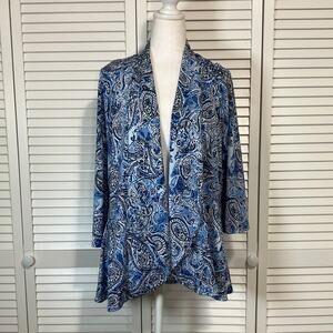 Slinky Brand Vintage Blue Paisley ¾ Sleeve Drape Cardigan Jacket Women M